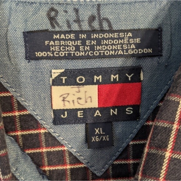 VTG Tommy Hilfiger Checker Pattern Long Sleeve Button Front Shirt EUC Flag SZ XL - Picture 7 of 10